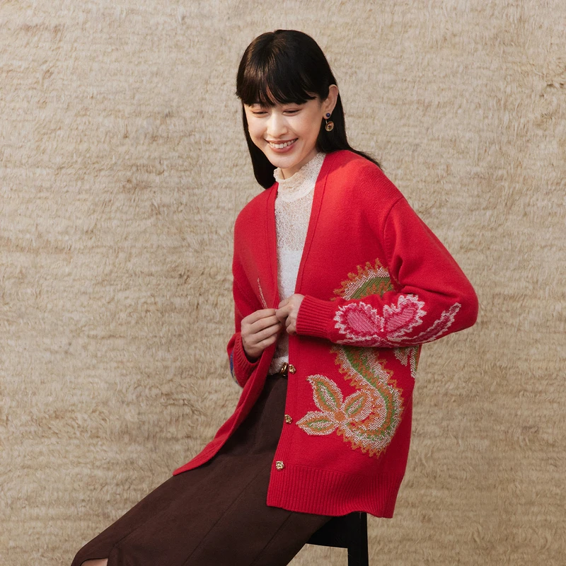 EP雅莹女装 羊毛羊绒V领针织开衫 2025新品9130A