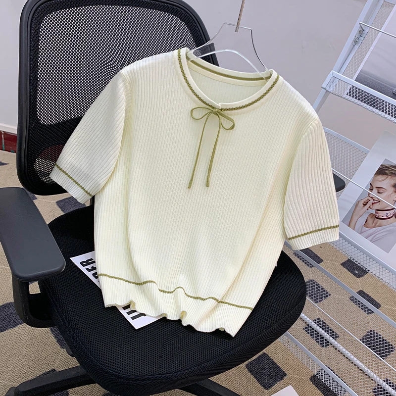 2025夏季新款小众系带针织衫短袖T恤蝴蝶结百搭显瘦上衣女