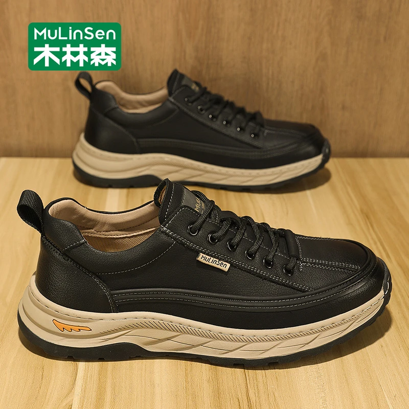 木林森男鞋2025新款秋季运动鞋厚底增高皮面防水防滑休闲鞋男款