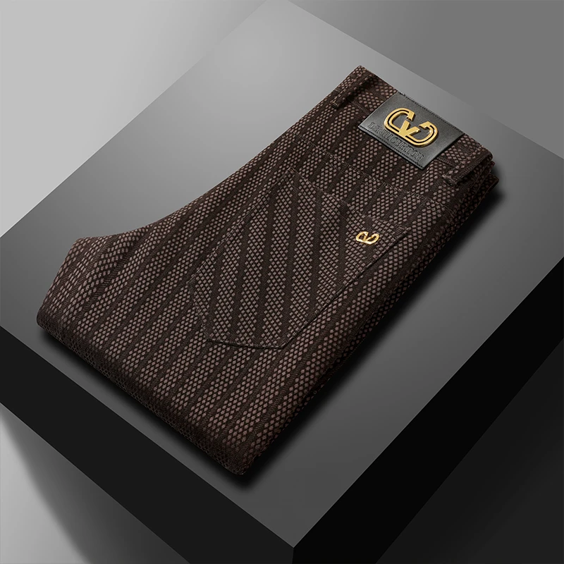 轻奢新款男士商务休闲裤高档中年弹力时尚修身直筒条纹休闲裤子男