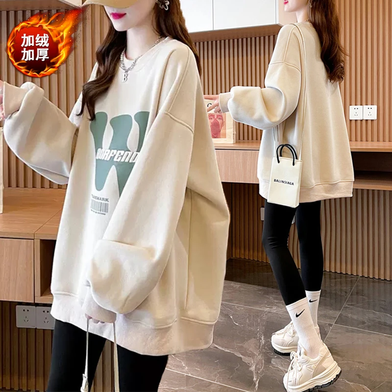 大码女装胖mm圆领加绒卫衣女秋冬新款韩版宽松百搭慵懒风长袖上衣