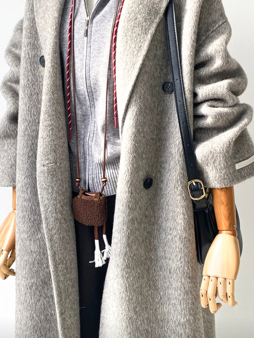 秋冬韩版格雷系宽松中长款双面毛呢大衣女装外套