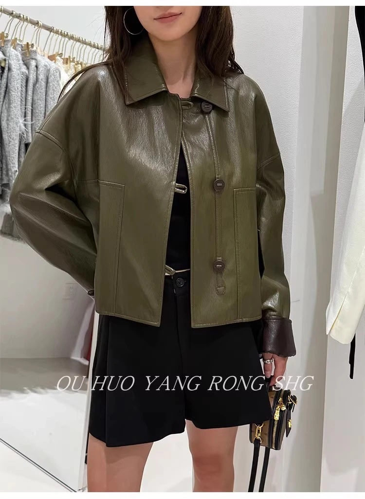 美式撞色休闲宽松短款皮衣外套女2025秋季新款小个子气质夹克上衣