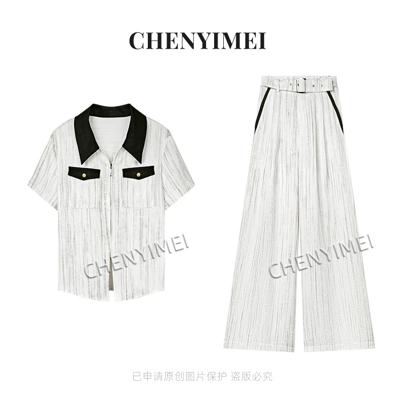 CYM1804休闲翻领拉链设计感短袖阔腿裤质感两件套装