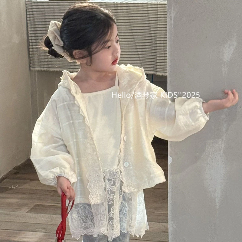 韩国童装女童花边蕾丝薄款外套春季新品女宝宝米色连帽开衫上衣