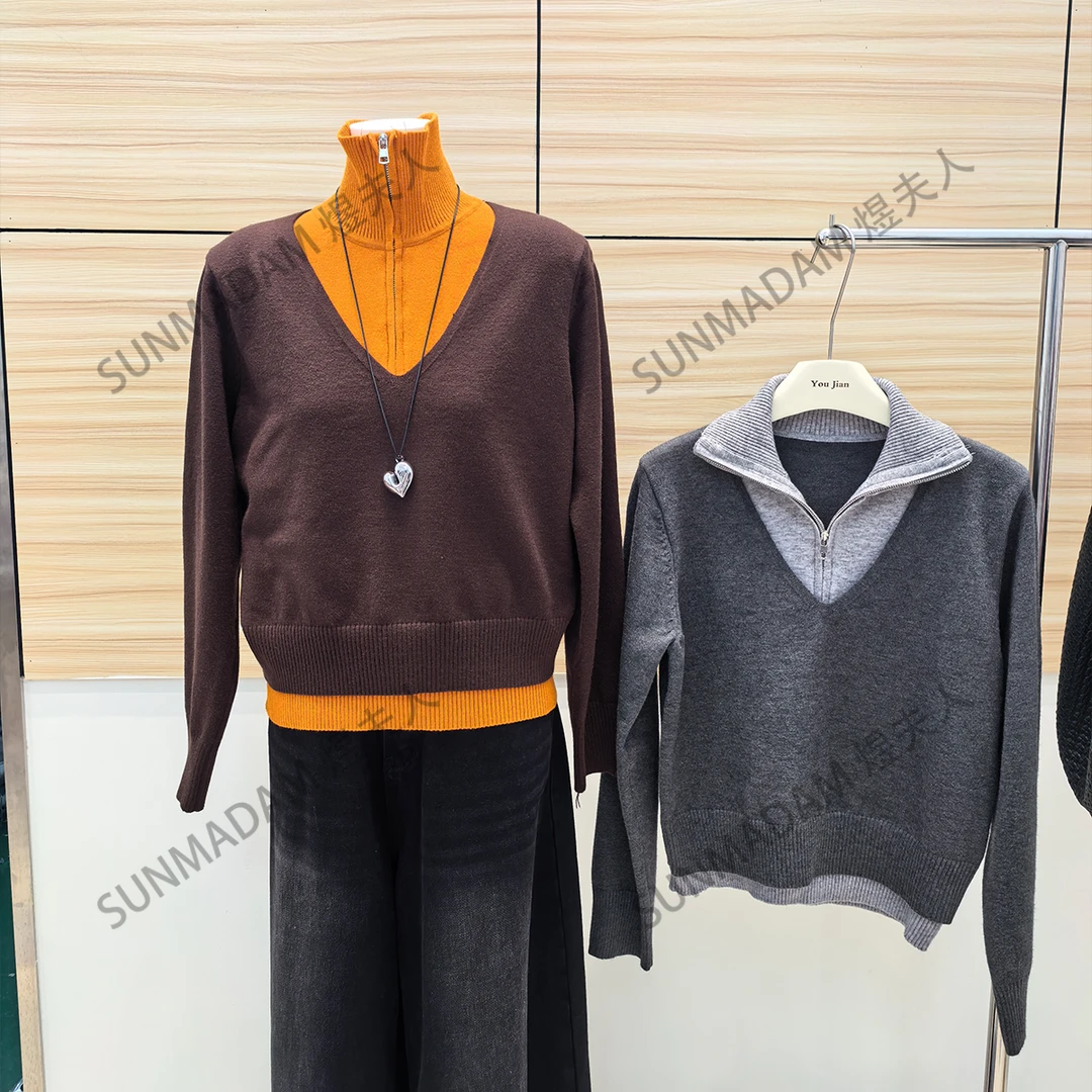 港式复古假两件拼接撞色翻领针织衫休闲百搭长袖毛衣时尚高领上衣