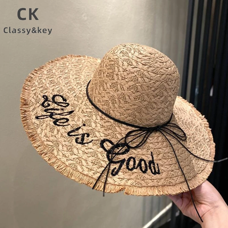Classy key新加坡设计师联名款编织刺绣字母草帽女防晒沙滩太阳帽