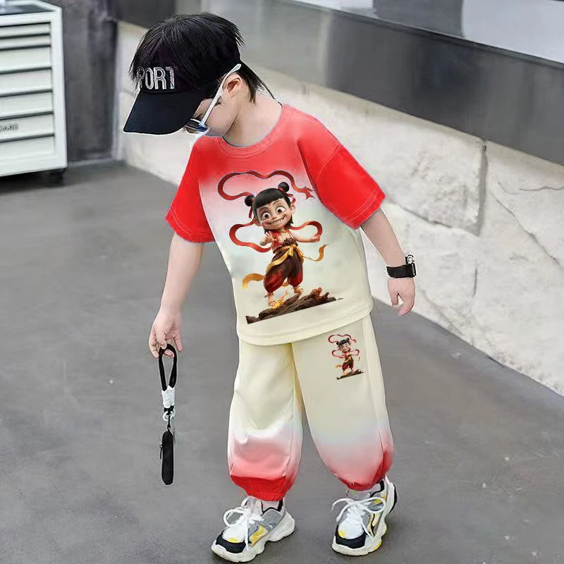 夏季男童短袖套装帅气渐变哪吒速干裤儿童两件套女童宝宝时尚夏装