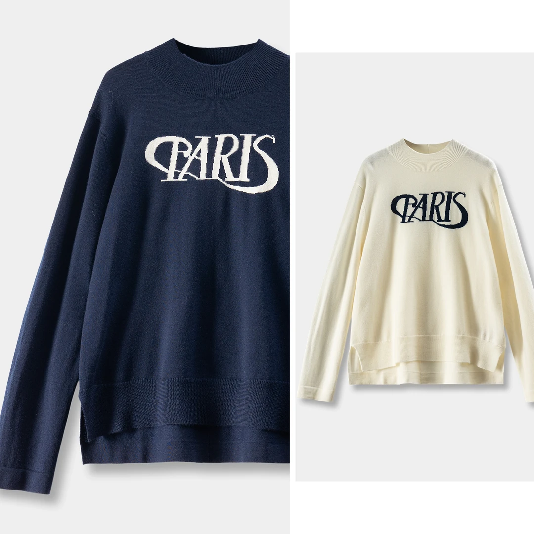 春天家 法柜100美丽诺羊毛字母提花宽松半高领长袖毛衣女56F3 特