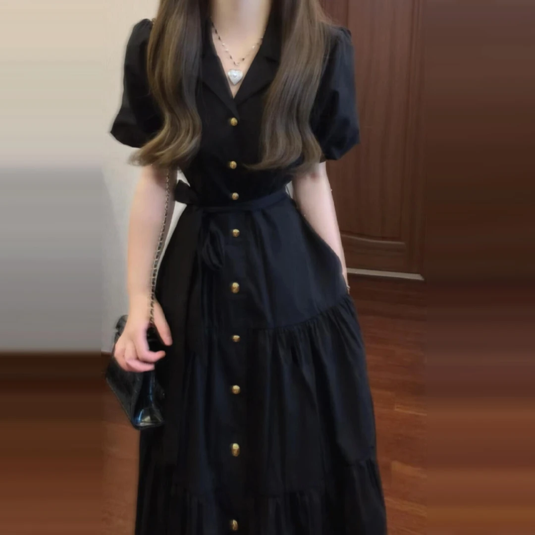 2025黑色v领衬衫连衣裙子女夏季法式高级感气质收腰通勤长裙2327