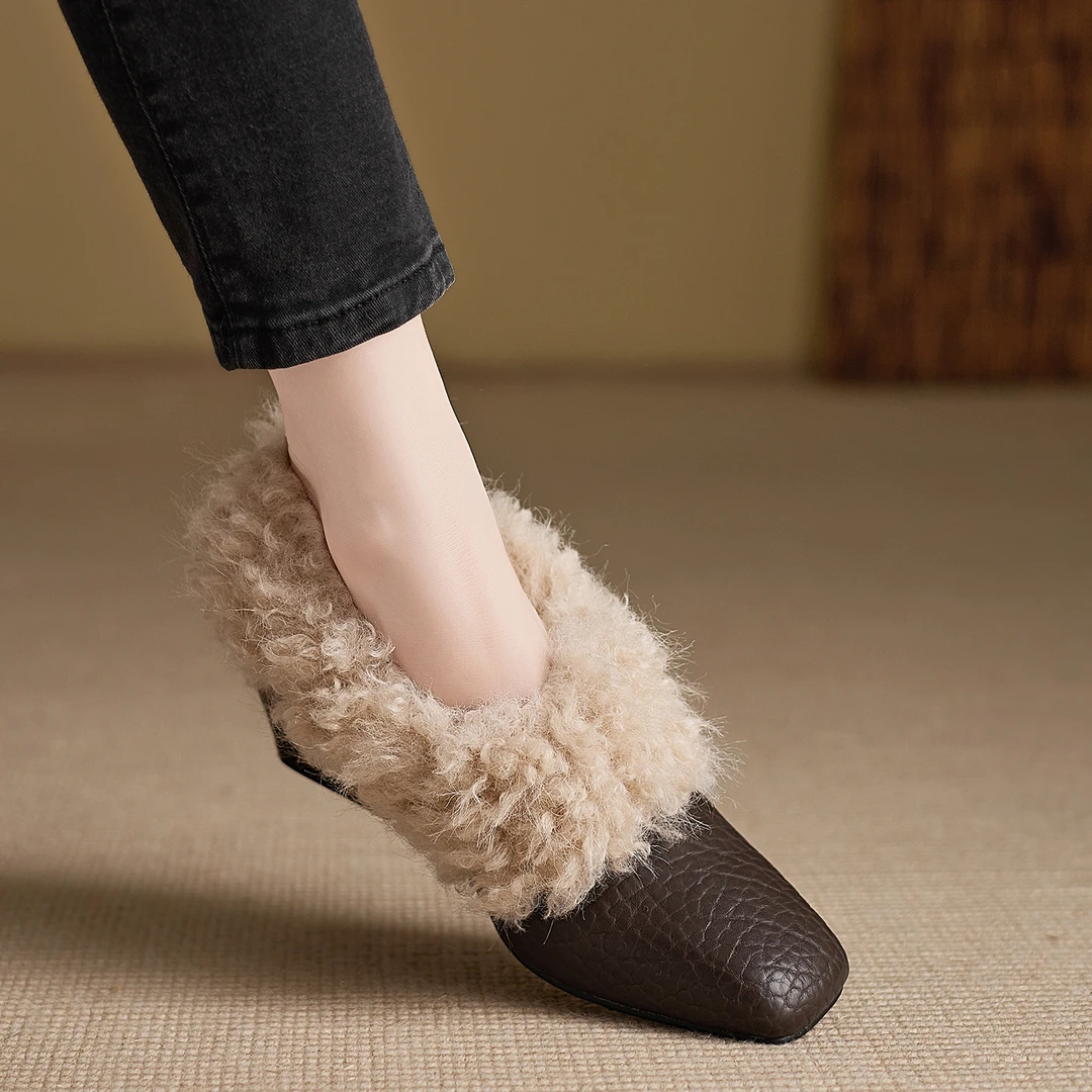 不累脚手工女鞋6cm~冬季一脚蹬软底加厚方头厚底单鞋冬法式毛毛鞋