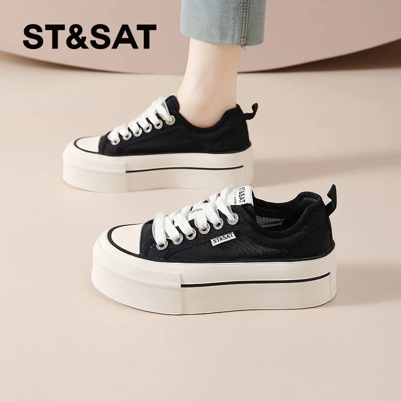 星期六透气帆布鞋女夏款2025新款厚底薄款网面鞋不闷脚休闲小白鞋