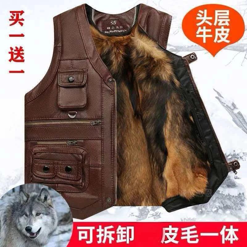 皮马甲男士中老年人秋冬季马夹背心坎肩爸爸装休闲记者服外套马夹