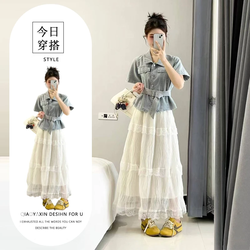 夏季超火穿搭一整套韩系气质小众牛仔衬衫蕾丝花边蛋糕裙两件套女