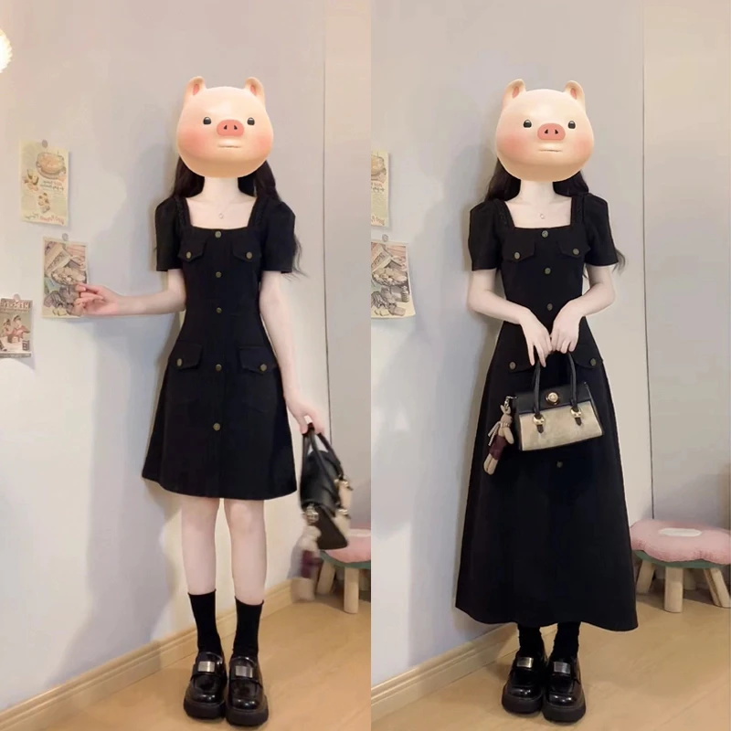 MO88ZSPF大码翻领口袋牛仔时尚连衣裙胖MM藏肉显瘦黑色牛仔裙女