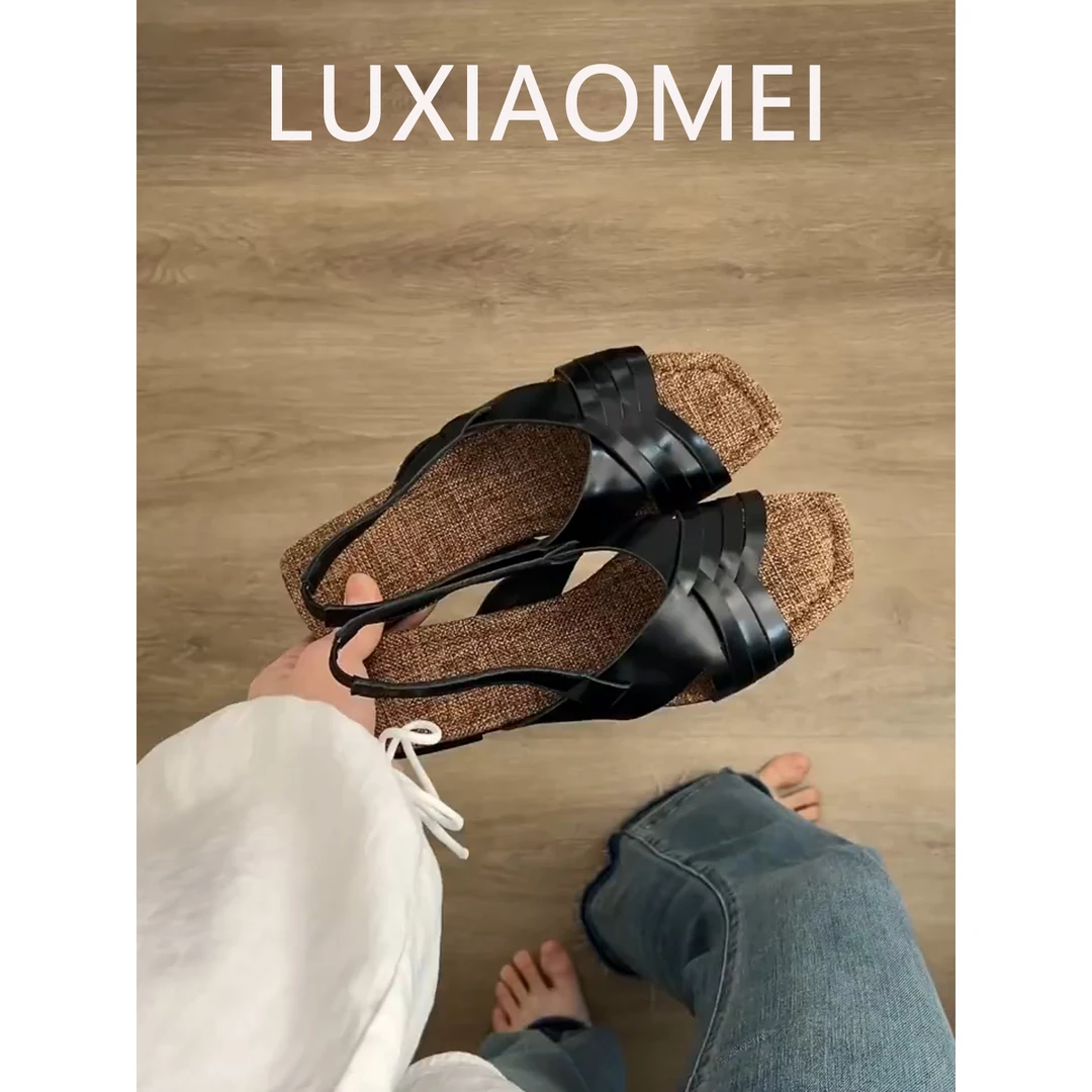 夏季简约露趾懒人外出复古低跟帆布垫脚拖鞋鞋子女款爆款2025新款