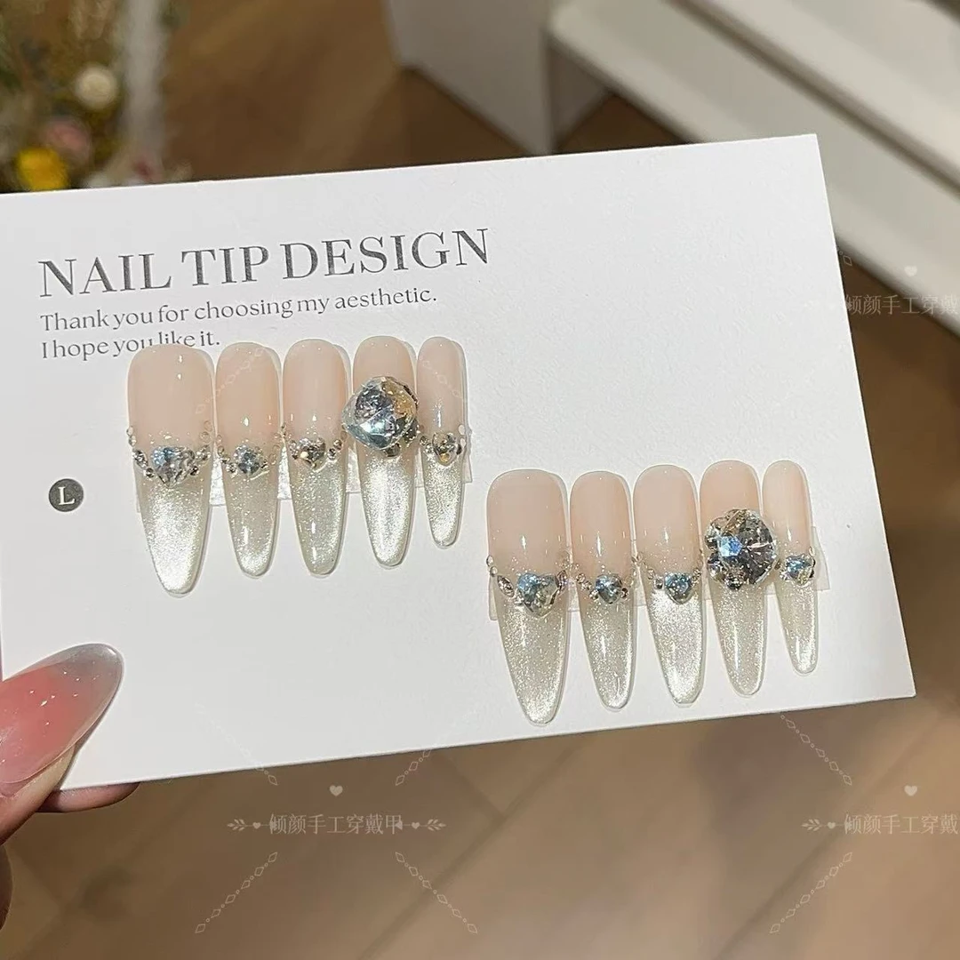 【梦之月影】 清冷感爆闪银纱丝绸猫眼气质显白K9钻纯手工穿戴甲