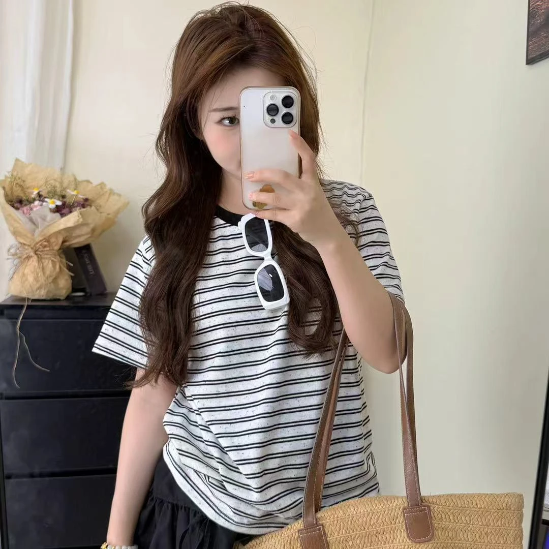 小个子定制复古条纹彩点撞色短袖T恤时尚显瘦夏季简约圆领上衣