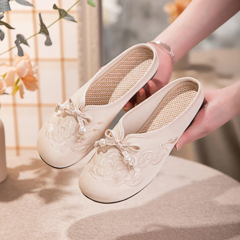 包头拖2025春夏新款古风绣花拖鞋平底软底透气单拖民族风绣花鞋