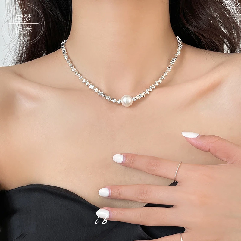 吊坠足银仿珍珠 碎银珍珠项链9999银新款小众设计感高级百搭时尚