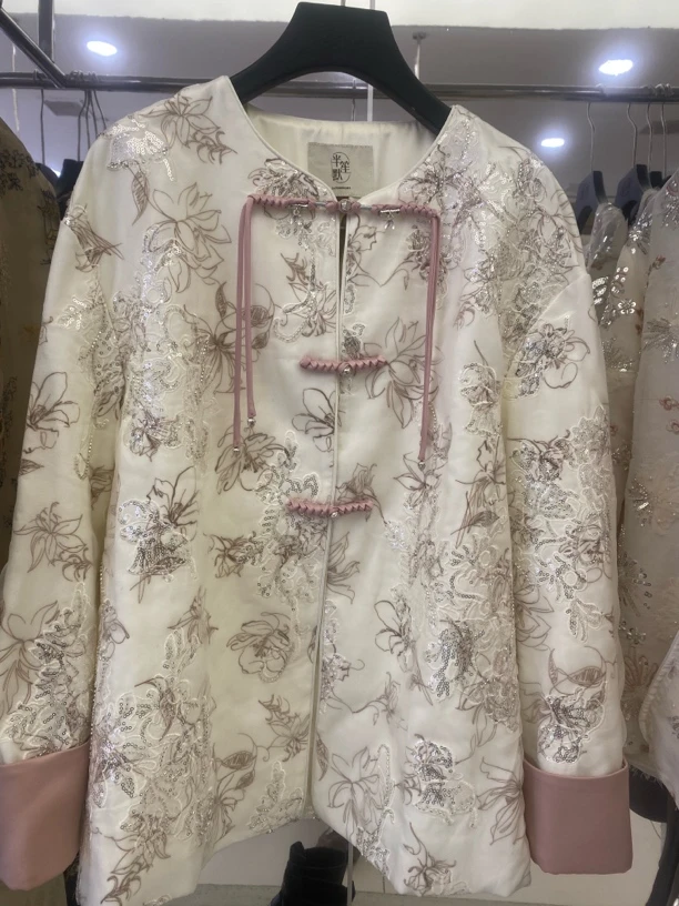 女圆领新中式气质毛领提花上衣女士立领短外套短款女装中国风