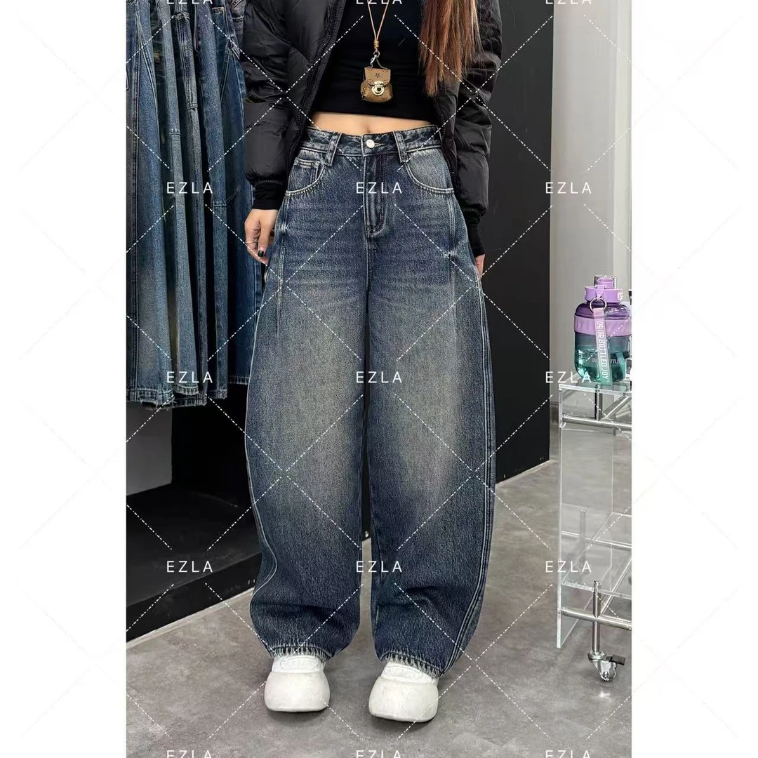 EZ8335-加绒加厚宽松时髦洋气裤氛围感穿搭百搭显瘦弯刀牛仔裤