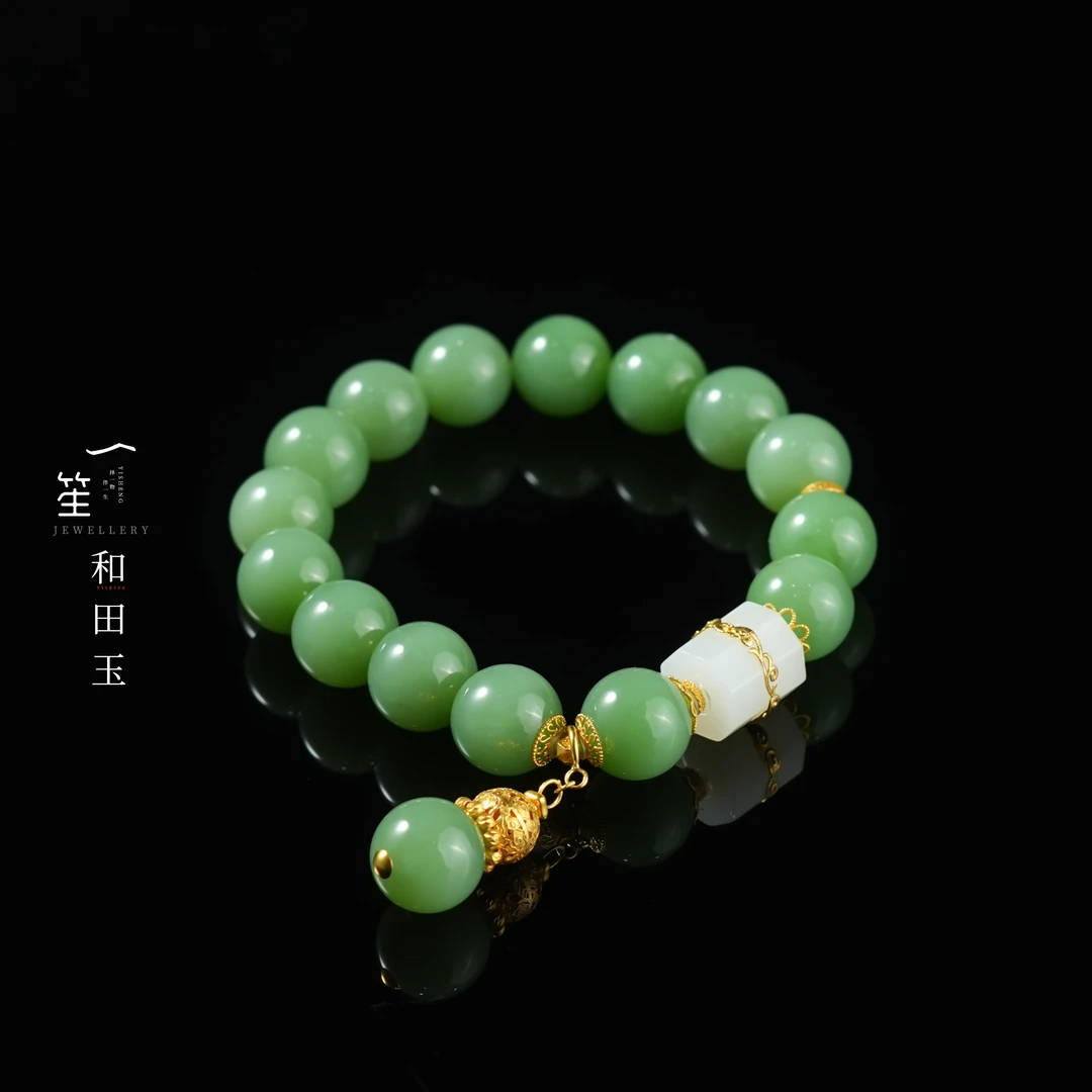 【一笙珠宝】天然和田玉手串18k金镶嵌裸石约11~12mm DY6732