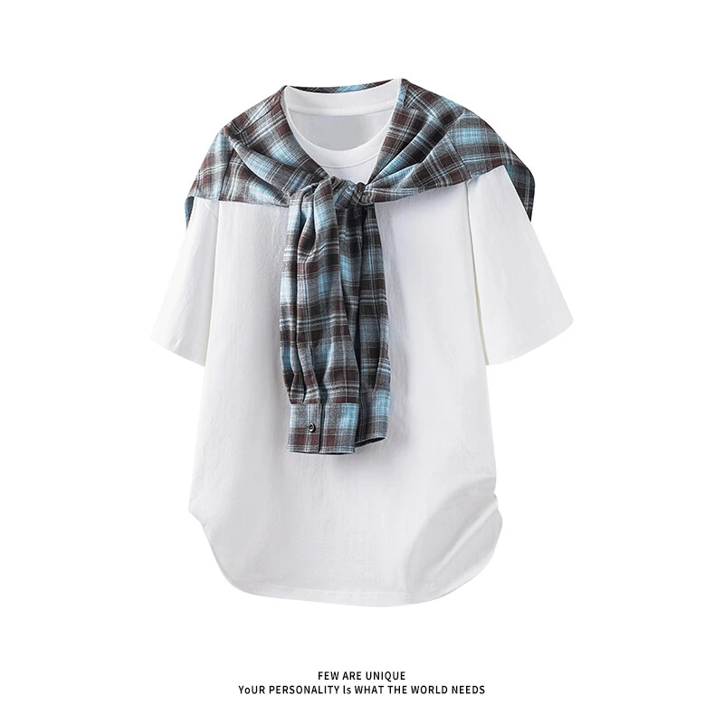 美式高街可拆卸格子披肩短袖男新款小领口t恤T恤假两件高档上衣