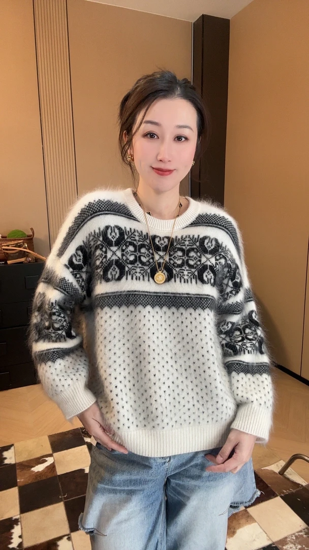 100%山羊绒拉绒复古费尔岛提花圆领洋气时髦撞色宽松软糯羊绒衫