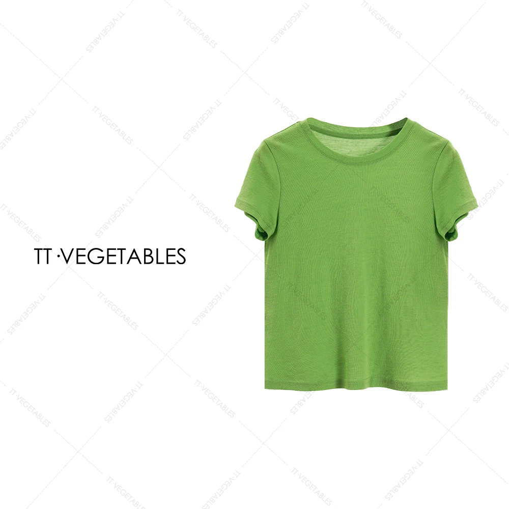 TT・VEGETABLES【序白】径婉 羊毛纯色短袖上衣圆领T恤517605