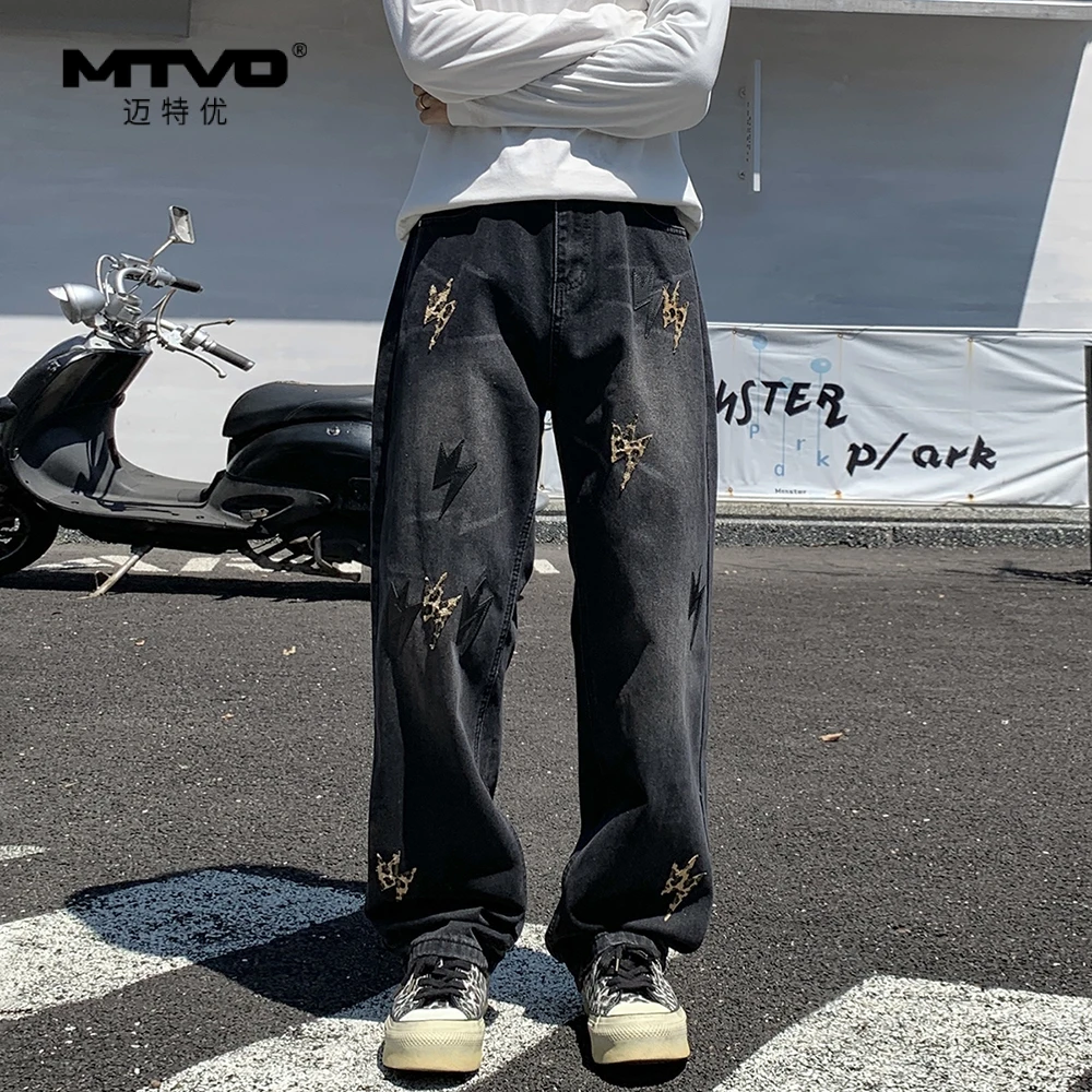 闪电直筒牛仔裤2025秋季新款男款美式潮牌高街时尚百搭休闲牛仔裤