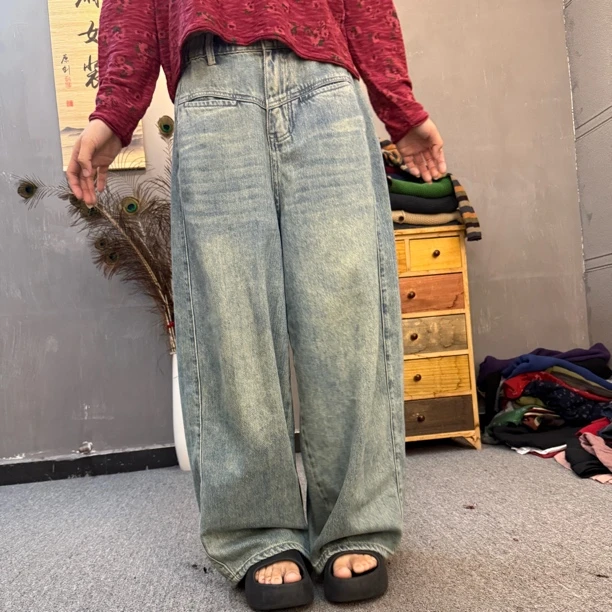 89029 大直筒裤做旧裤子中腰牛仔裤常规长裤休闲风女