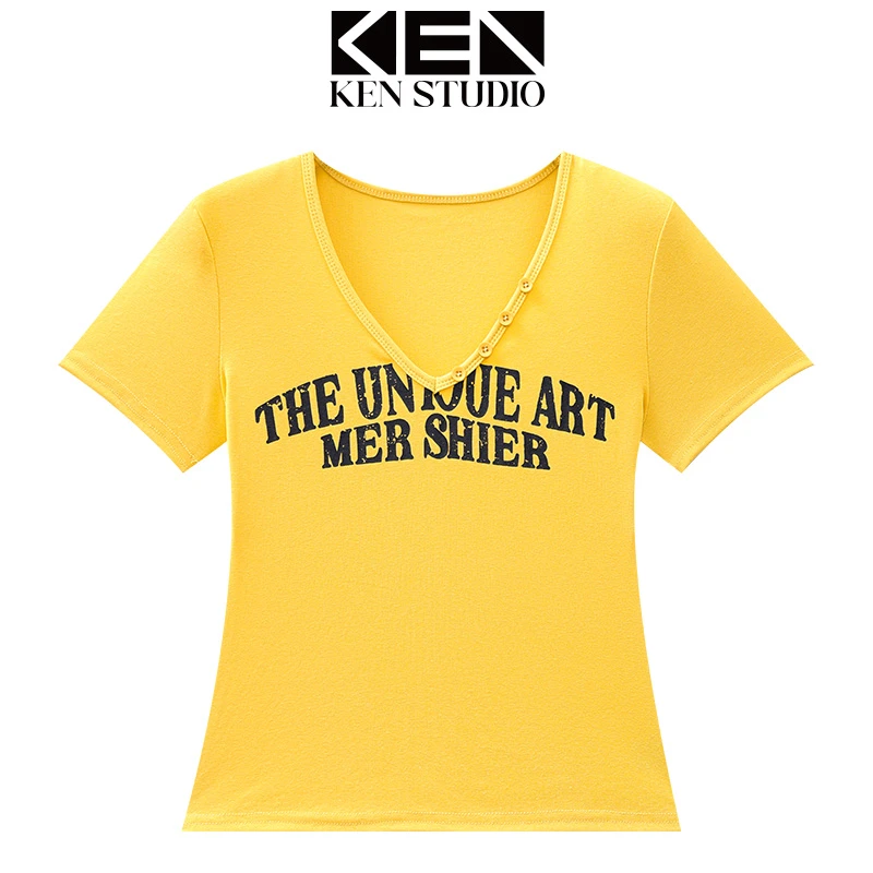 KEN STUDIO夏季新款字母印花设计正肩V领短袖T恤女圆领打底衫上衣