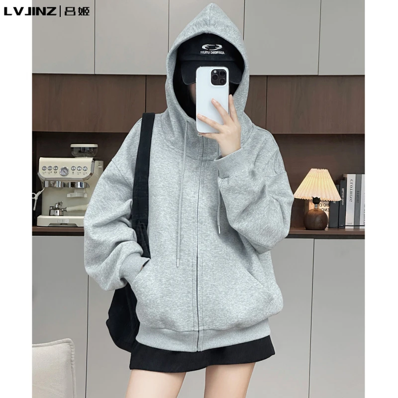2025新款灰色连帽卫衣女爆款初秋季拉链开衫上衣休闲宽松百搭外套