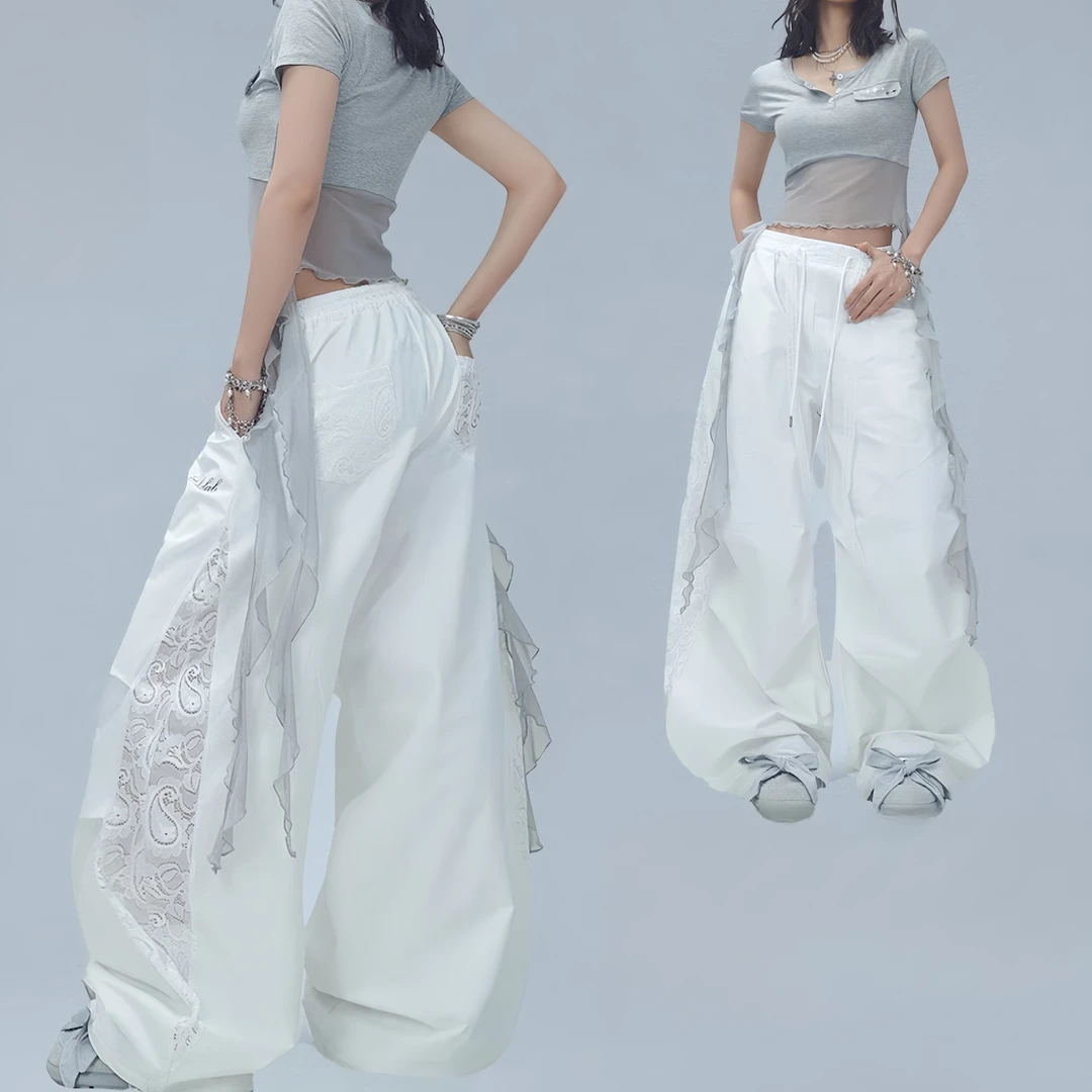 美式街舞潮牌夏季速干蕾丝拼接爵士运动长裤嘻哈甜酷辣妹休闲裤