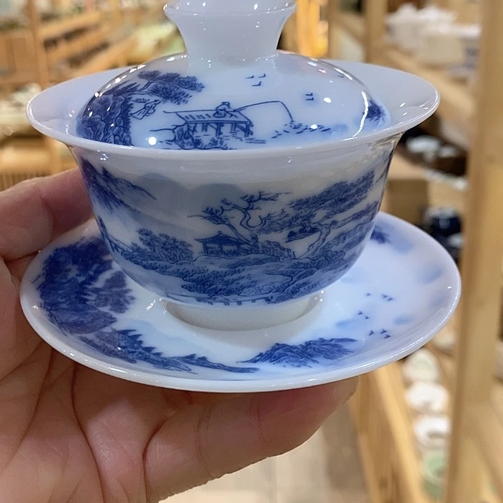 冰种羊脂白玉盖碗悬停