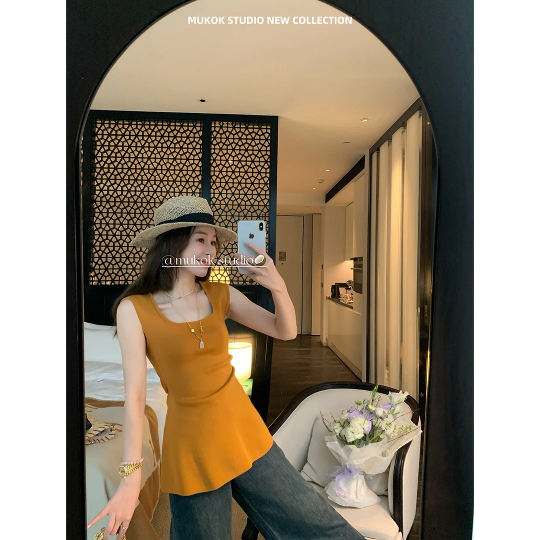 MUKOK子午线~ 显瘦方领工字针织背心时尚外套吊带中长款上衣