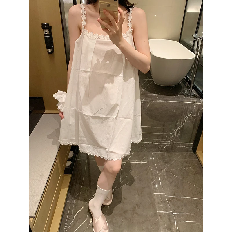 夏日甜美小清新纯色蕾丝边睡裙女夏季新款可外穿吊带连衣裙家居服