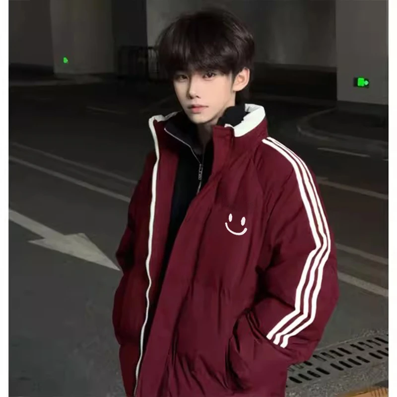 美式简约笑脸印花立领三条杠棉服男冬季休闲百搭情侣加厚棉衣外套