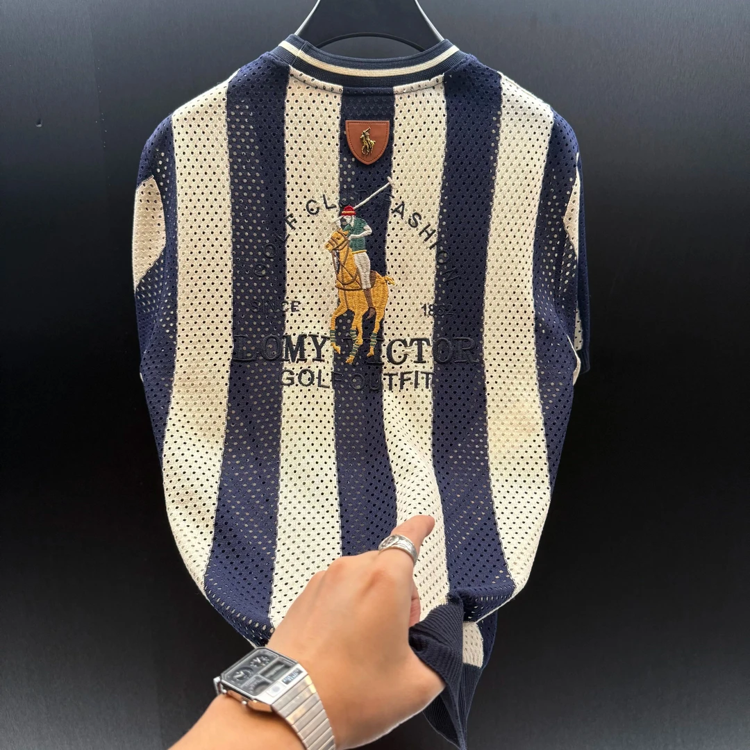 2025年夏季新款男士时尚条纹针织衫透气圆领套头高品质舒适上衣