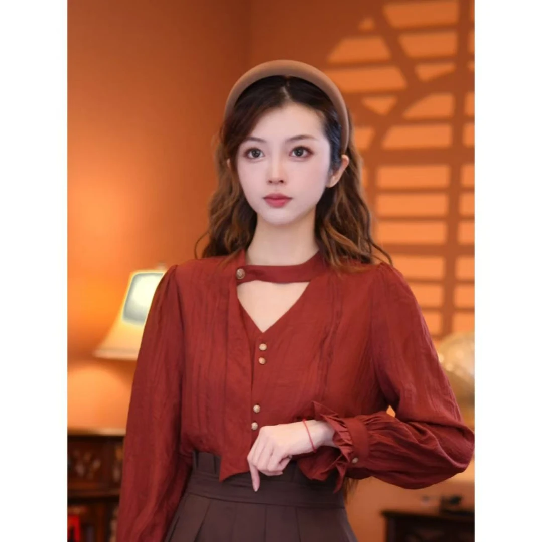 乐乐【热恋情书】港味复古时尚气质设计感长袖上衣03098