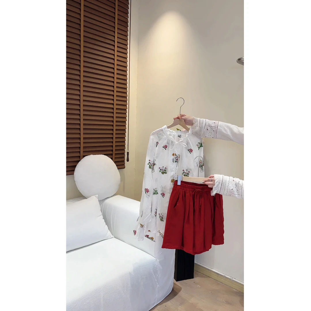 “盛夏”100%苎麻立体花束刺绣禅意感衬衫防晒短裤套装两件套