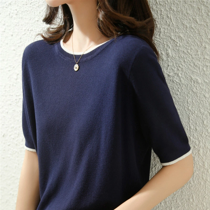 夏季休闲短袖女T恤薄款圆领针织上衣韩版洋气时髦t恤简约半袖宽松