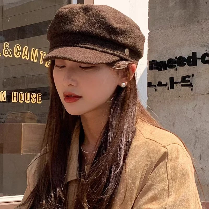 纯色铆钉贝雷帽复古高级感2025年冬大头围显脸小帽子b