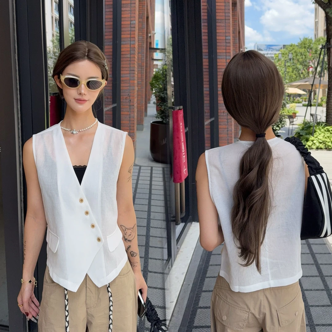 领斜排扣纯色薄款无袖女气质小个子上衣开衫潮