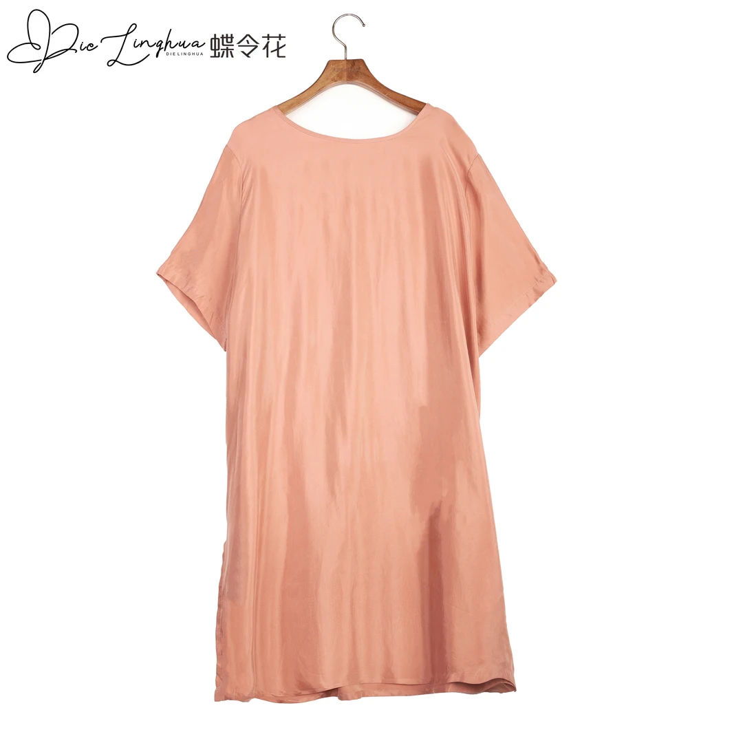 蝶令花简约夏季新款铜氨百搭气质宽松圆领中长款短袖23066