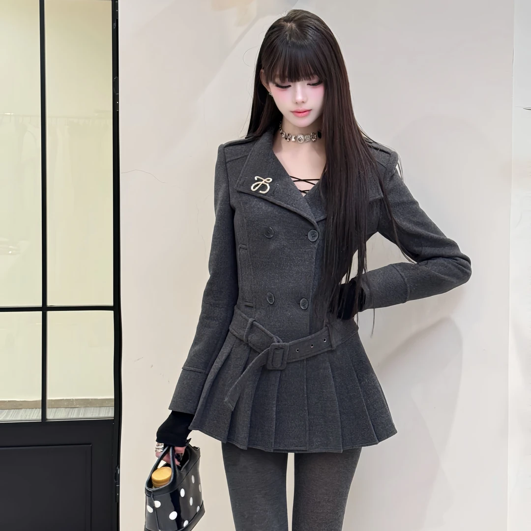 【精选优品】秋冬加棉修身立领腰带英伦风中长款外套毛呢裙J252087