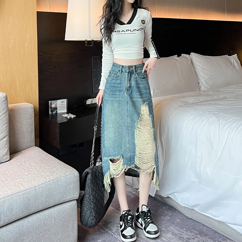 复古牛仔半身裙女2025年秋季新款小个子高腰显瘦设计感破洞a字裙