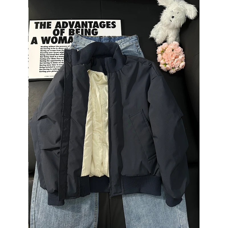 藏青色短款棉服外套男冬季加厚立领夹克痞帅高级感bomber廓形棉衣