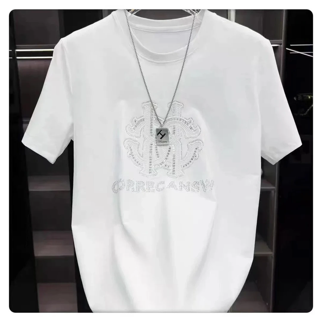 2025夏季新款男半袖字母烫钻显瘦重工潮流款式舒适休闲短袖圆领潮